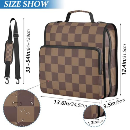 3 Ring Zipper Binder with Shoulder Strap Brown Checkerboard B 1.5 inch Binders Keeper Large Capacity Multi Pockets for School Office Supplies - color: Multi2341, size: Fit 500 Sheets