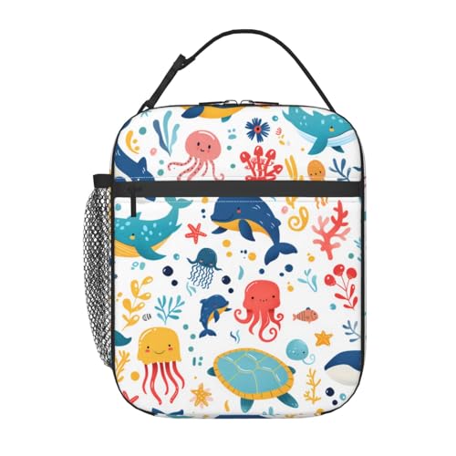 Sea Animal Lunch Box for Kids,Whale Octopus Turtle Insulated Bag for Student,Colorful Marine Life Reusable Thermal Insulation Cooler Tote Bags for School Work Picnic Camping Outdoor Gifts - color: Sea Animal