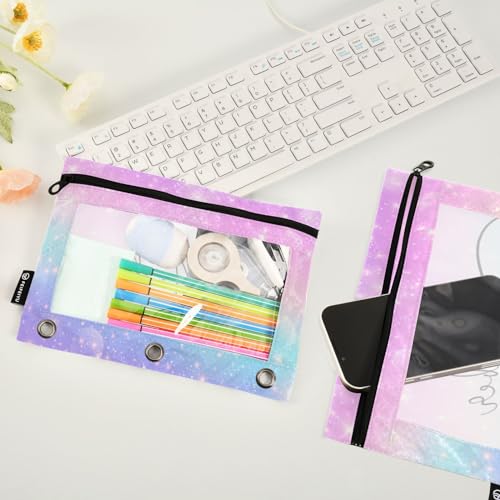 Personalized Pencil Pouch for 3 Ring Binder Rainbow Fantasy Stars Custom Pencil Pouches Case Binder Cosmetic Bag 2 Pack for Office School College Supplies - color: Fantasy Stars