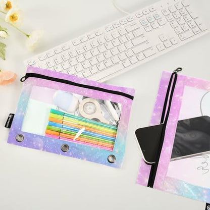 Personalized Pencil Pouch for 3 Ring Binder Rainbow Fantasy Stars Custom Pencil Pouches Case Binder Cosmetic Bag 2 Pack for Office School College Supplies - color: Fantasy Stars