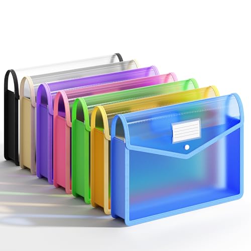 Plastic Expanding File Folder, Transparent Envelopes with Snap Closure | No Dividers, Large Capacity, Assorted Colors, Bills&Taxes, Fits Letter / A4 Size for School / Office / Home, 7 Pack - color: Pink + Yellow + Green + Blue + Purple + Brown + Black, si