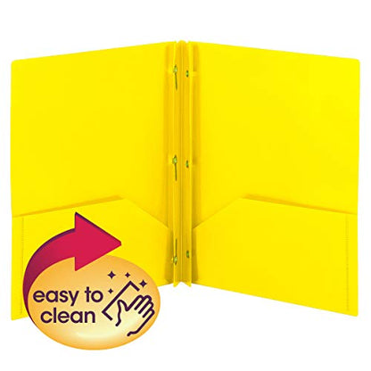 Smead Poly Two-Pocket Folder, Three-Hole Punch Prong Fasteners, Letter Size, Yellow, 3 per Pack (87733) - color: Yellow