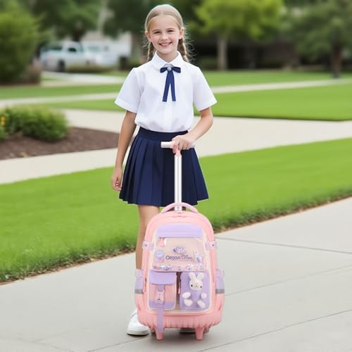 FIXITOK Rolling Backpack for Girls, Kawaii Bunny Roller Wheels School Backpacks with Lunch Bag Pencil case, Wheeled Suitcase Bookbag for Elementary Travel Pink - color: Pink