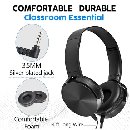 Classroom Headphones Bulk 10 Pack,Students On Ear Headsets,Comfy Swivel Earphones for Computer,School,Library,Airplane,for Online Learning and Travel,Premium Stereo Sound 3.5mm Jack (Black) - size: 10 PACK