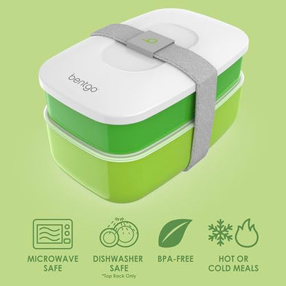 Bentgo Classic - Adult Bento Box, Stackable 3-Compartment Lunch Box with Removable Utensil Set and Sealing Strap, BPA-Free, Food Container Ideal for Meal Prep, Work, and On the Go (Green) - color: Green