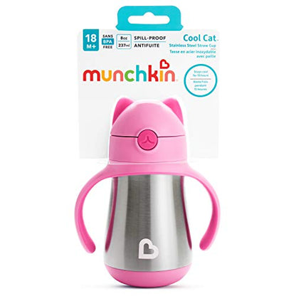 Munchkin Cool Cat Sippy Cup for Toddlers, Stainless Steel Straw Cup, 8 Ounce, Pink (Pack of 12) - color: Pink, size: 8 ounces (Pack of 12)