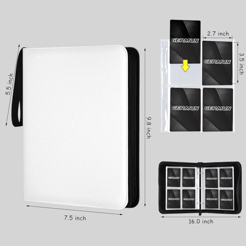 GERMUN 4 Pocket Card Binder, Premium Zip Trading Card Binder, 400 Double Sided Pocket PU Card Collection Binder, Collector Card Album, Card Folder for MTG, TCG, Sports Cards, Game Cards (White) - color: 4 Pocket 400 Carbon White