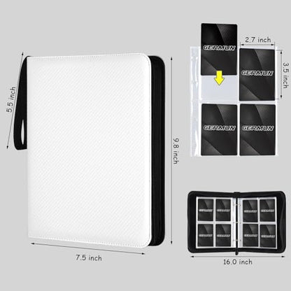 GERMUN 4 Pocket Card Binder, Premium Zip Trading Card Binder, 400 Double Sided Pocket PU Card Collection Binder, Collector Card Album, Card Folder for MTG, TCG, Sports Cards, Game Cards (White) - color: 4 Pocket 400 Carbon White