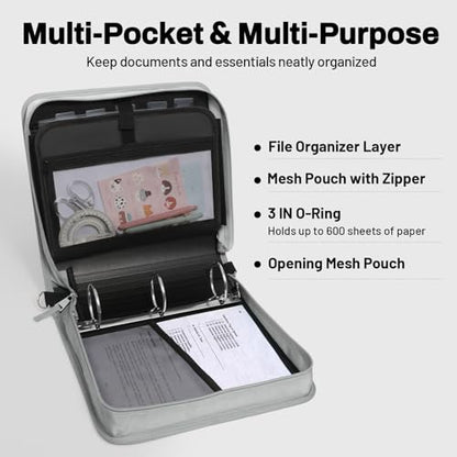 SUNEE Zipper Binder 3 Ring, 3 Inch O-Ring with Handle and Shoulder Strap, 600-Sheet Capacity, 5-Tab Expanding File Folder, Multi-Pockets for Middle School Organizer Binder with Zipper, Light Grey - color: Light Grey