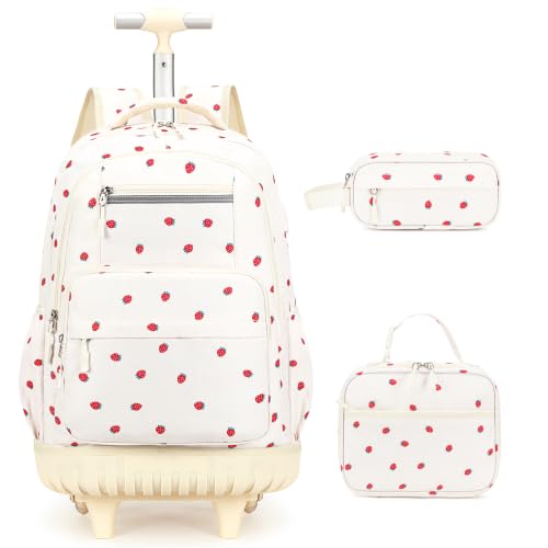 ACESAK Rolling Backpack for Girls - Roller Wheels School bag with Lunch Bag & Pencil Pouch for Teen Girls Kids Wheeled Suitcase Backpacks, Elementary Middle School Travel Daypack (Beige Strawberry) - color: Beige Strawberry