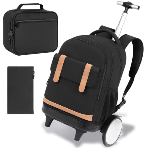 KLFVB Rolling Backpack with Big Quiet-Glide Wheels, 3-in-1 Wheeled Commuter Set with Lunch Bag | Water-Resistant Roller Bag for Men & Women, Work, Travel, School - Black