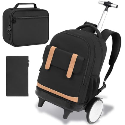 KLFVB Rolling Backpack with Big Quiet-Glide Wheels, 3-in-1 Wheeled Commuter Set with Lunch Bag | Water-Resistant Roller Bag for Men & Women, Work, Travel, School - Black