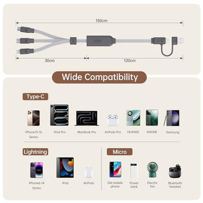 pzoz 100W USB C & USB A Fast Charging Cable, 3 in 1 Multi Charging Cable with E-Marker Chip, USB-C/Lightning/Micro USB Cord for iPhone, iPad Pro, MacBook, Samsung Galaxy
