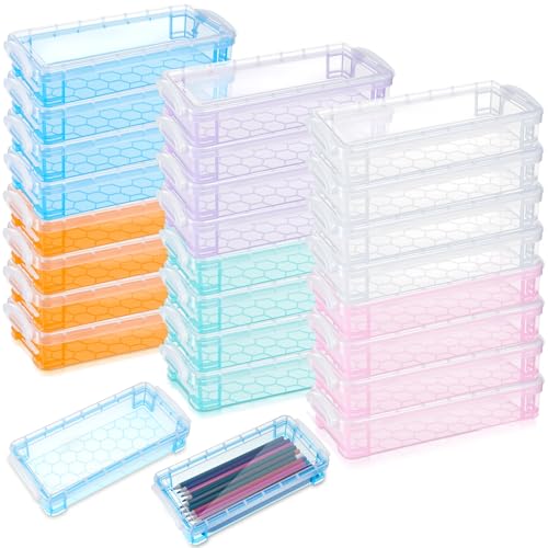 Gueevin 24 Pcs Large Capacity Plastic Pencil Box Clear Plastic Pencil Case Crayon Box with Snap Tight Lid Watercolor Pen Storage Brush Organizer Drawing Tools Container (Macaron) - color: Macaron