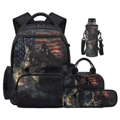 American Flag Wolf Backpack for Girls Kids Backpack with Lunch Box for Boys Set of 4 School Backpacks Matching Combo Back to School Gifts and Pencil Case Pouch for Teens Children Ages 6-12 - color: American Flag Wolf