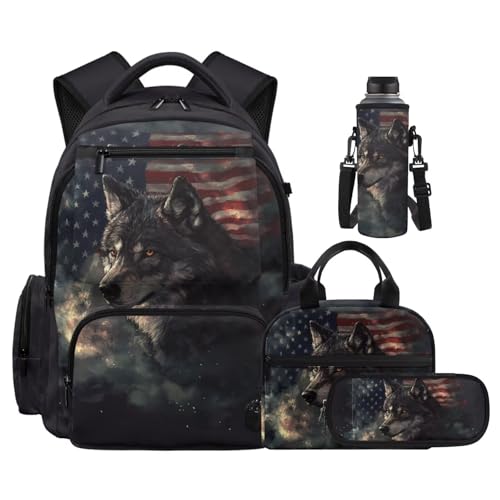 American Flag Wolf Backpack for Girls Kids Backpack with Lunch Box for Boys Set of 4 School Backpacks Matching Combo Back to School Gifts and Pencil Case Pouch for Teens Children Ages 6-12 - color: American Flag Wolf