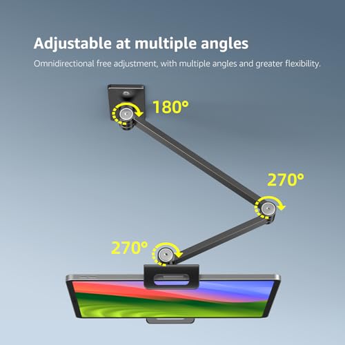 BEWISER Tablet Wall Mount Holder,360° Rotating Flexibly, Height and Angle Adjustable, Folding Aluminium Alloy Long Arm Compatible with4.7-12.9" Phone and Tablet in Kitchen or Office (Space Grey)… - color: Black