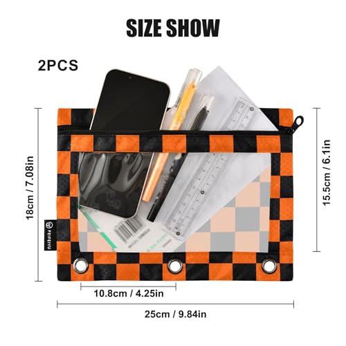 OrangeRed Buffalo Plaid Binder Pouches 3 Ring for Boys Girls School Office College Supplies Black Chessboard Halloween Pumpkin Aqua Pencil Pouches Case Bag with Clear Window and Zipper 2 Pack - color: Pumpkin
