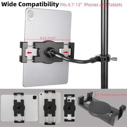 Flexible iPad Holder for Mic Stand, Enhanced Gooseneck Tablet Phone Holder Micophone Music Stand Mount with Super Handle Clamp for iPad Pro 12.9 Air Mini 4.7-13" iPhones & Tablets