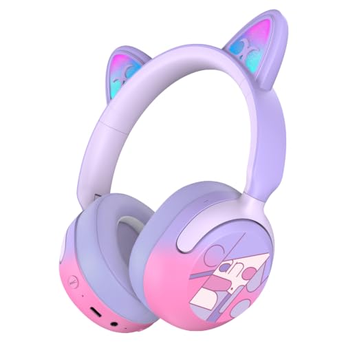 Candy Bila Kids Bluetooth Headphones with LED Cat Ears, Active Noise Cancelling Headphones, 85dB Safe Volume, 40H Play Time, Bluetooth 6.0, Built-in Mic for iPad/Tablet/Airplane, Purple - color: Purple