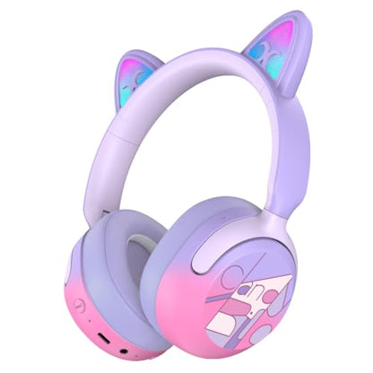 Candy Bila Kids Bluetooth Headphones with LED Cat Ears, Active Noise Cancelling Headphones, 85dB Safe Volume, 40H Play Time, Bluetooth 6.0, Built-in Mic for iPad/Tablet/Airplane, Purple - color: Purple