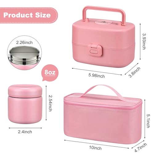 Pawtong Bento Lunch Box with 8oz Soup Thermo, Kids Sustainable Bento Box Leakproof Lunch Food Containers with Lunch Bag, Kids Thermo Insulated Hot Food Jar for School, Trvael (Pink) - color: Pink