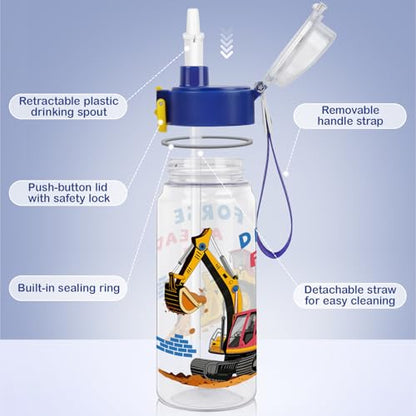 Tritan Kids Water Bottle for School, 18.6 oz Leakproof 2-in-1 Toddler Water Bottle with a Pop-up Detachbale Straw, Dishwasher Safe (Construction Truck) - color: Construction Truck