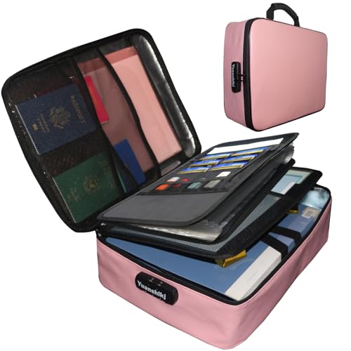 Yuanshikj Portable Fireproof Waterproof Document Organizer with Lock,Pink | 3 digit Code,15.1"x11.2"x4.3",Heat Insulated Fire＆Water-Resistant Box 13 Layers File, Home Travel Safe Storage for Important - color: Pink