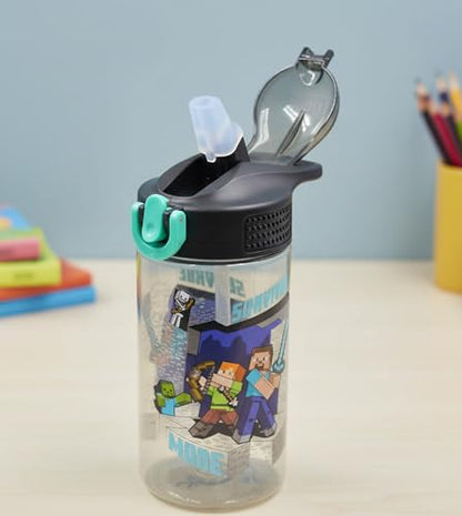 HOX Minecraft Reusable Drinks Bottle | BPA-free Plastic Lightweight Water Bottle with Carry Loop | Removable straw & spills Proof | Gift for Minecraft fan | Licensed Merchandise 600ML