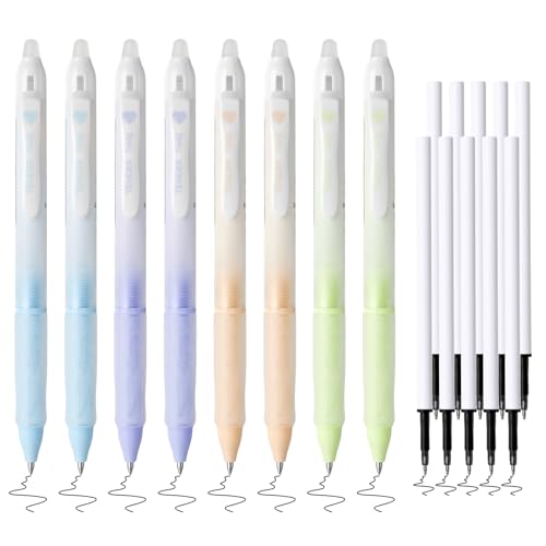 Temiary 8 Pcs Retractable Erasable Gel Ink Pens & 10 Pcs Refills, Black Ink | Aesthetic Pen with Eraser, 0.5 mm Fine Point Smooth Writing for Office School Supplies