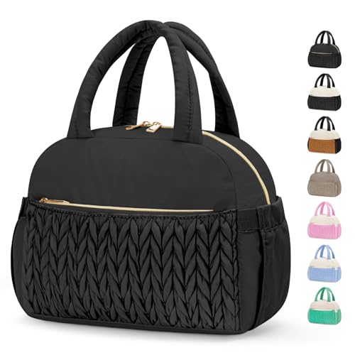 Coobiiya Cotton Quilted Lunch Bag,Cute Insulated Puffer Lunch Box for Women | Large Capacity Thermal Waterproof Cooler Bag for Work Picnic Travel - color: Black Woven Cotton