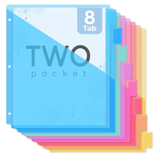 SKYDUE Binder Dividers with Tabs and Pockets,8 Tab Dividers for 3 Ring Binder, Plastic Binder Dividers with 2 Pockets & 16 Blank Labels, Blue - color: Style A(blue)