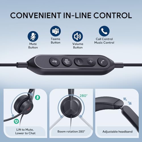 Yealink UH44 USB Wired Headset with Noise Cancelling Mic – Teams Certified Mono Headset for PC/Laptop, Single-Ear Design, Inline Controls, USB-C & USB-A, for Home Office