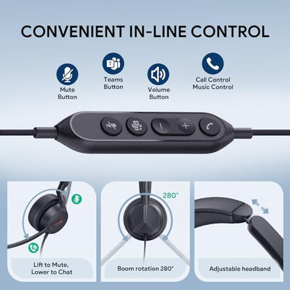Yealink UH44 Wired USB Headset for Work, USB-C/A, 2 Noise-Canceling Mics | wired headphones with microphone for work,usb headset for pc laptop,office headset,work from home,busy light,inline controls