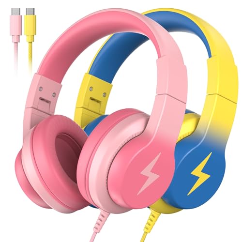 Wired Kids Headphones for School 2 Pack,USB Type C Headphones for Kids, 85dB Safe Volume, HD Stereo Sound,Comfortable Fit, Adjustable &Foldable, Ideal for School/ Travel(Gradient Pink+Light Yellow) - color: Gradient Pink+Light Yellow)