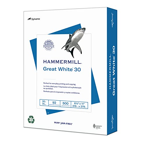 Hammermill Printer Paper, Great White 30% Recycled Paper, 8.5 x 11-1 Ream (500 Sheets) - 92 Bright, Made in the USA, 086710 - size: 1 Ream | 500 Sheets, style: Letter (8.5x11)