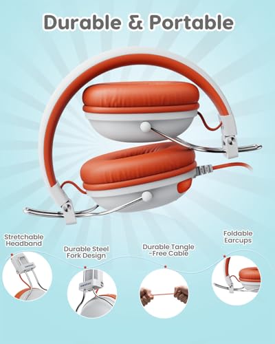 awatrue Kids Headphones, 74/85dB Safe Volume Limit, Stereo Sound, Wired On-Ear Headphones for Kids Boys Girls, 3.5mm Jack for Tablet, iPad, Kindle, YOTO Player, Airplane Travel, White - color: White-Orange