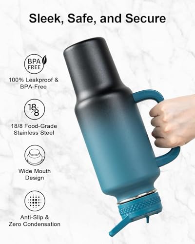 Trebo Insulated Water Bottle 40oz Fits in Car Cup Holder with Side Handle | Stainless Steel Metal Tumbler with Straw Spout Lids, Triple-Wall Vacuum Copper Plated, Cold 48 Hrs Hot 24 Hrs for Travel, Gym - color: Indigo Black, size: 40 Ounces