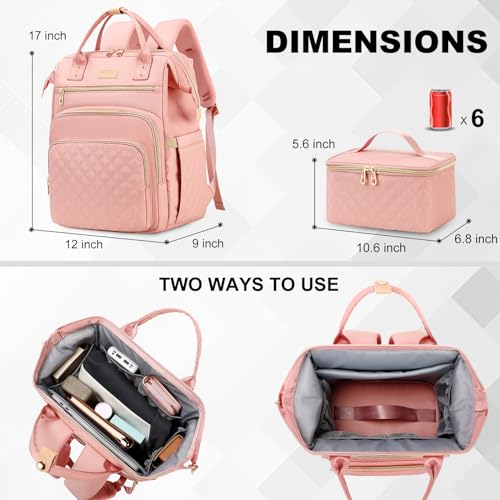 AIJIEKE Lunch Backpack for Women, 15.6 Laptop Backpack, Lunch Box, Pink | Water resistant computer bag with insulated leakproof cooler. Travel meal prep backpack for nurse, teacher, college commute - color: Pink