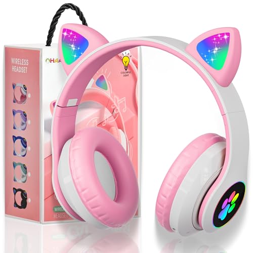 Bluetooth Noise Cancelling Headphones for Kids,Foldable Cat Headphone with LED Light Up Ear,Cat Ear Headphones for Toddler with Microphone/TF Card,Kids Bluetooth Earphones for ipad - color: Pink