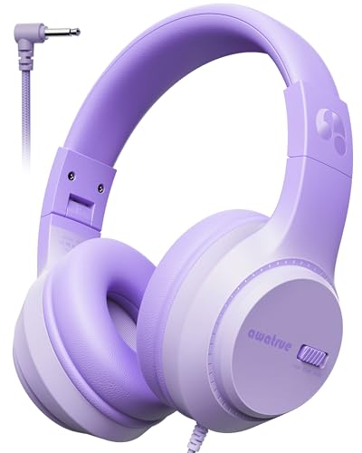 awatrue Kids Headphones, 74/85/94dB Volume Limiter, Foldable Wired Over Ear Headphones for Travel, 3.5mm Jack, Toddler Headphones for School, Chromebook, iPad, Tablet, Purple - color: Purple