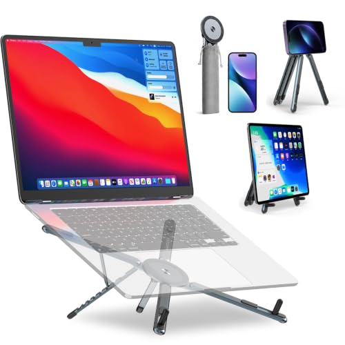 Portable Laptop Stand for Desk, 3-in-1 Adjustable Holder for MacBook, 8-Level Height & Angle, Aluminum Alloy Desktop Stand, Compatible with 4-13” iPhone, 10-16” Laptops & Tablets(Gray) - color: gray
