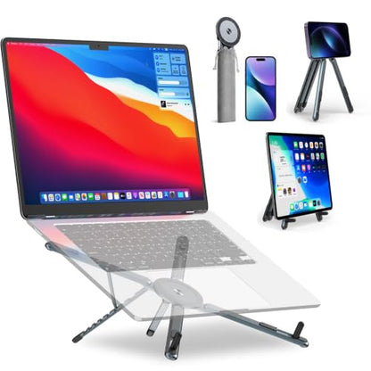 Portable Laptop Stand for Desk, 3-in-1 Adjustable Holder for MacBook, 8-Level Height & Angle, Aluminum Alloy Desktop Stand, Compatible with 4-13” iPhone, 10-16” Laptops & Tablets(Gray) - color: gray
