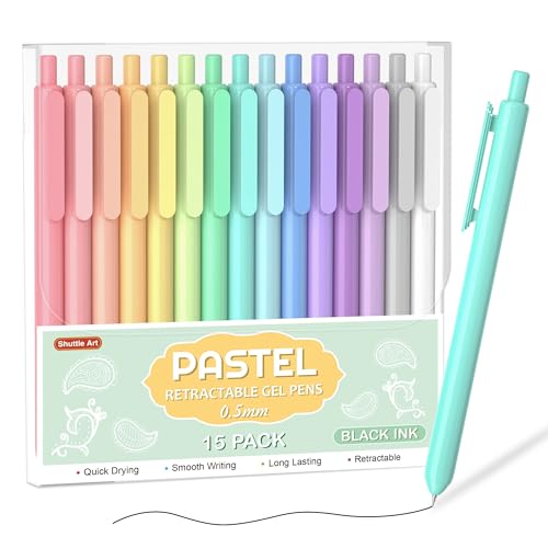 Shuttle Art Retractable Pastel Gel Ink Pens, 15 Pack Black Ink Pens, Cute Pens 0.5mm Fine Point for Writing Journaling Taking Notes School Office Home - color: 15 Black Ink