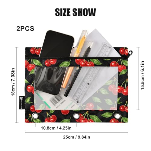 2 Pack Pencil Pouch for 3 Ring Binder Red Cherry Pencil Case Pouch with Clear Window Zipper Binder Pencil Pouches Pen Bag for Office School Supplies - color: Red Cherry