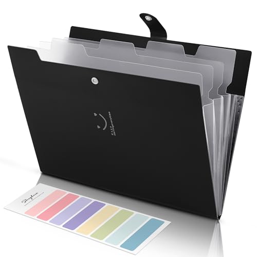 SKYDUE File Folder with 8 Labels, 5 Pockets Accordion Paper Organizer for School and Office，A4 Letter Size，Black - color: Black-cm
