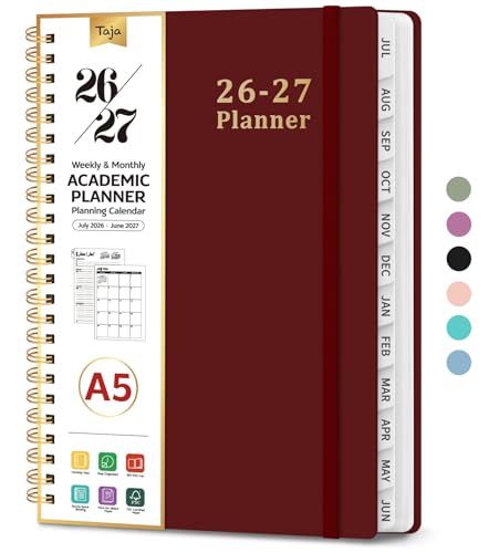 Planner 2026-2027, 6.3" x 8.5" Weekly and Monthly Academic Year Planner Calendar, July 2026 - June 2027, Hardcover Large School Planning Agenda With Tabs, Perfect for School & Office Supplies, A5, Burgundy - color: I-Burgundy, size: A5(6.3"x8.5")