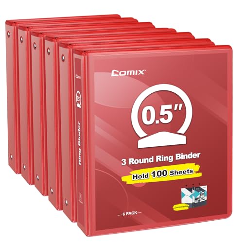 COMIX 3 Ring Binder 1/2 inch with Clear View Cover, 0.5" View Binder Holds 200 Sheets of US Letter Size Paper, 6 Pack (Red) - color: Red, size: 0.5 inch, style: 6-Pack