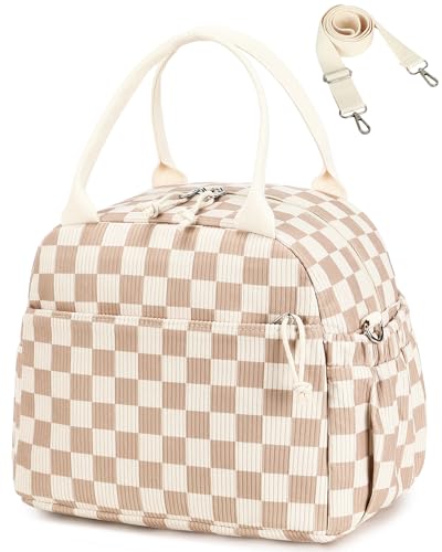 Bluboon Lunch Bag for Women Cute Corduroy Lunch Tote Bags with Shoulder Strap Reusable Insulated Lunch Box Large Capacity Reusable Insulated Cooler for Work Picnic or Travel (13L) - color: A Corduroy checkered brown, size: 13L