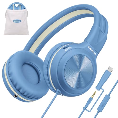 SIMOLIO Wired Headphones for Kids w/Mic & Share Port, USB C to 3.5mm Dongle, 3-Level Volume Limiter, Over-Ear Plug in Headphones for Kids Teens Adults, Foldable for Travel Kindle iPad Chromebook PC - color: Sky Blue